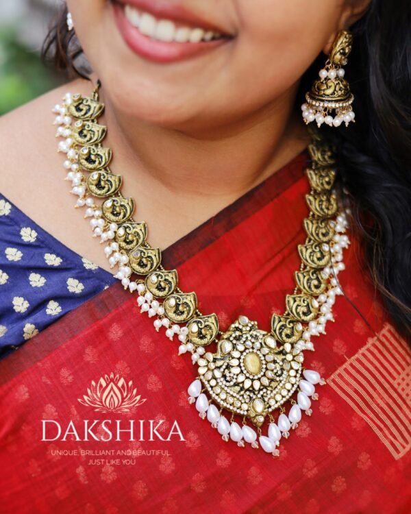 Peacock-Long Necklace with Big Size Jhumka (Golden With White) - Image 2