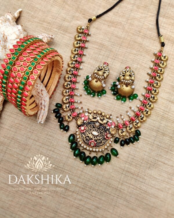 Terracotta- Necklace With Jhumka & Bangles (Golden With Green & Red)