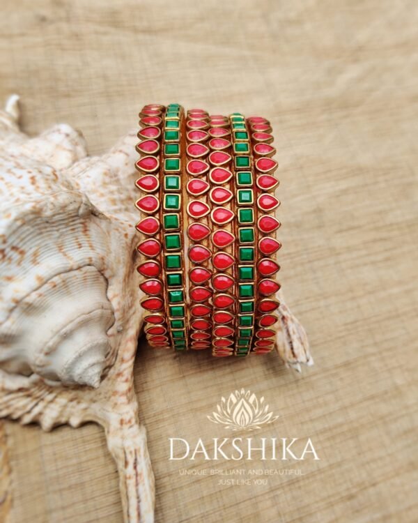 Terracotta- Necklace With Jhumka & Bangles (Golden With Green & Red) - Image 3