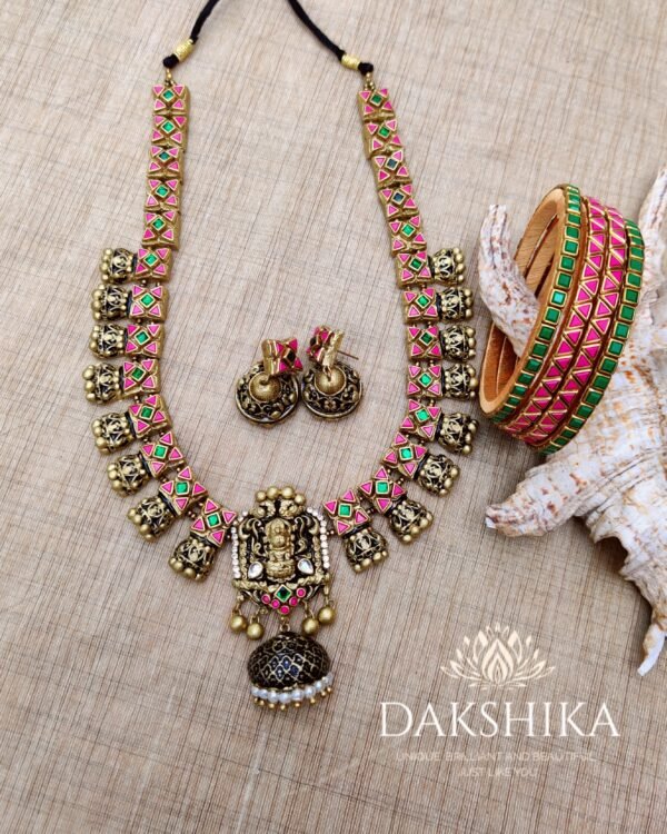 Terracotta- Necklace With Jhumka & Bangles (Golden With Green & Pink  )
