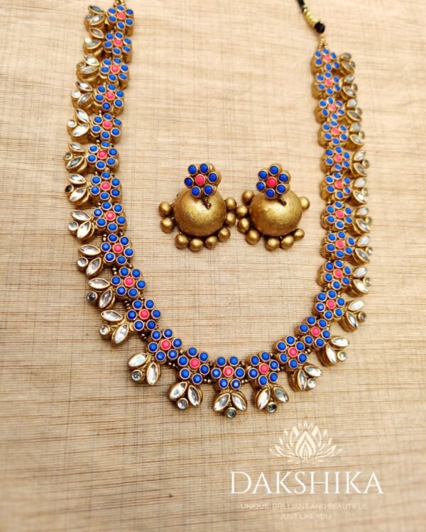 Terracotta- Long Necklace with Big Size Jhumka (Golden With Blue & Pink )