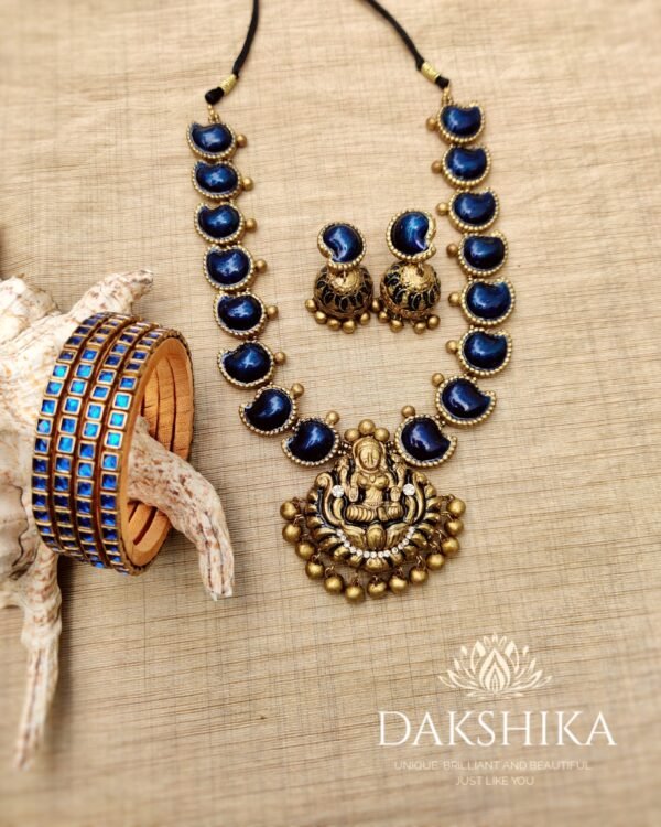 Terracotta- Necklace With Jhumka & Bangles (Golden With Blue )