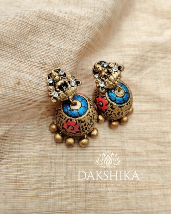 Terracotta- Medium Length Necklace with Medium Size Jhumka (Golden With blue & Peach ) - Image 2