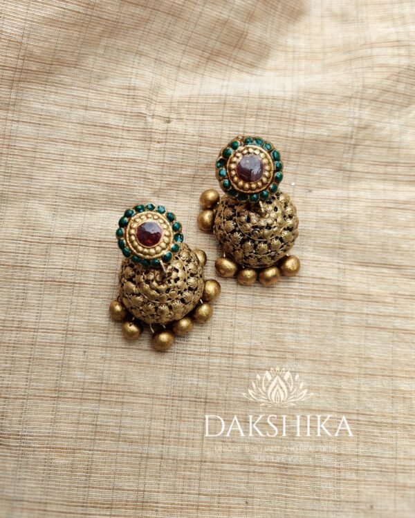 Terracotta- Medium Size Jhumka ( Golden with  Brown & Green)