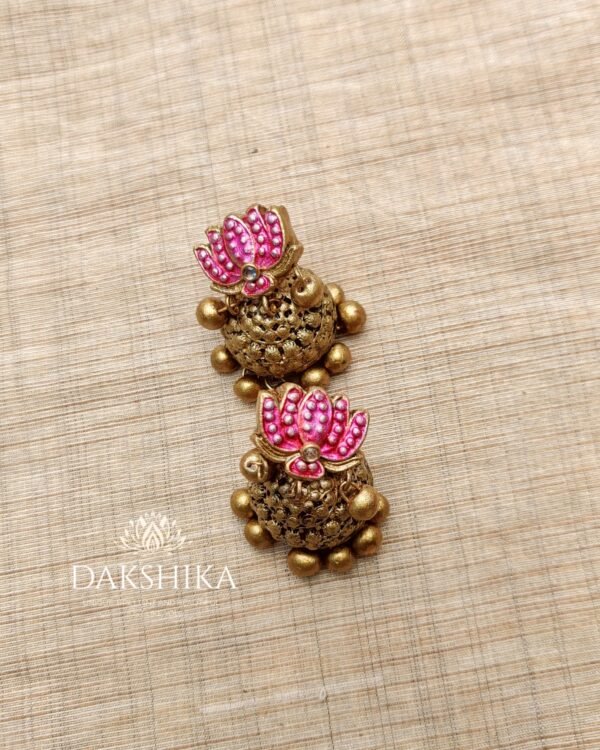 Terracotta- Small Size Jhumka ( Golden with  Pink)