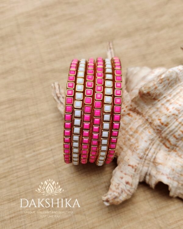 Terracotta- Necklace With Jhumka & Bangles (Golden With Pink) - Image 3