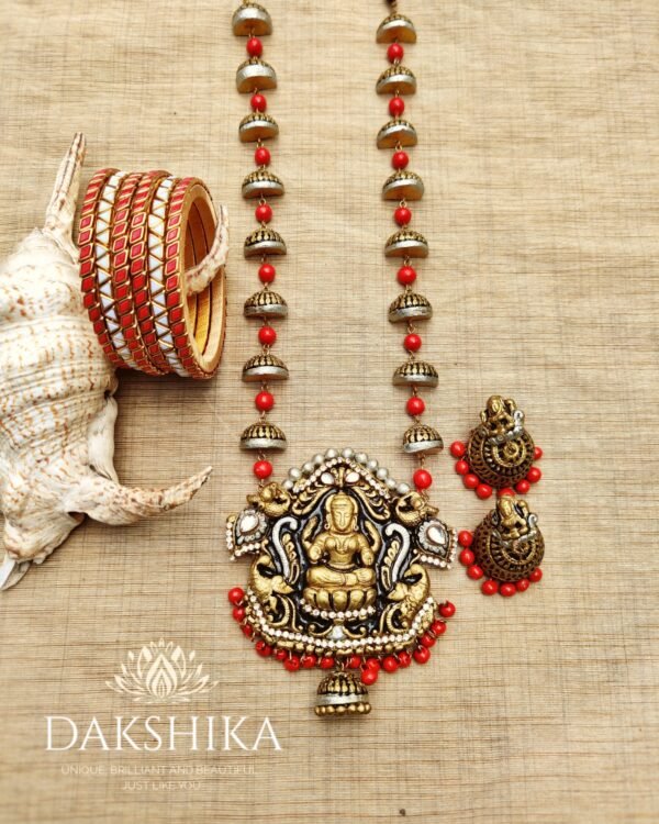 Terracotta- Necklace With Jhumka & Bangles (Golden With Red )