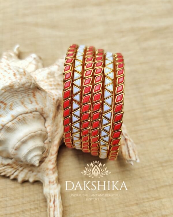 Terracotta- Necklace With Jhumka & Bangles (Golden With Red ) - Image 4