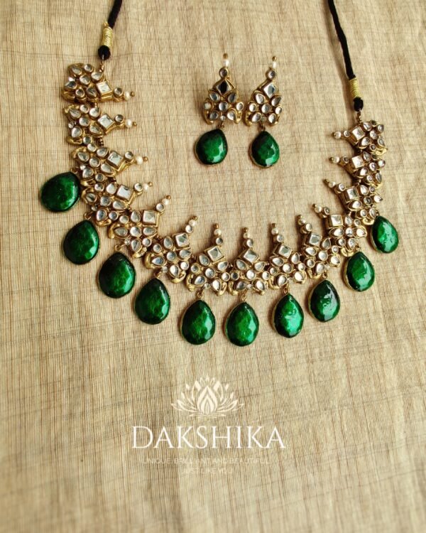 Terracotta-Short Necklace with Small Size Earrings (Golden With Green ) - Image 2