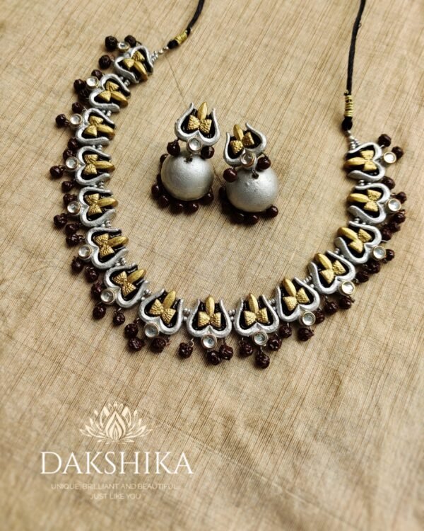 Thrissul-Short Necklace with Big Size Jhumka (Golden With Silver &Brown) - Image 2
