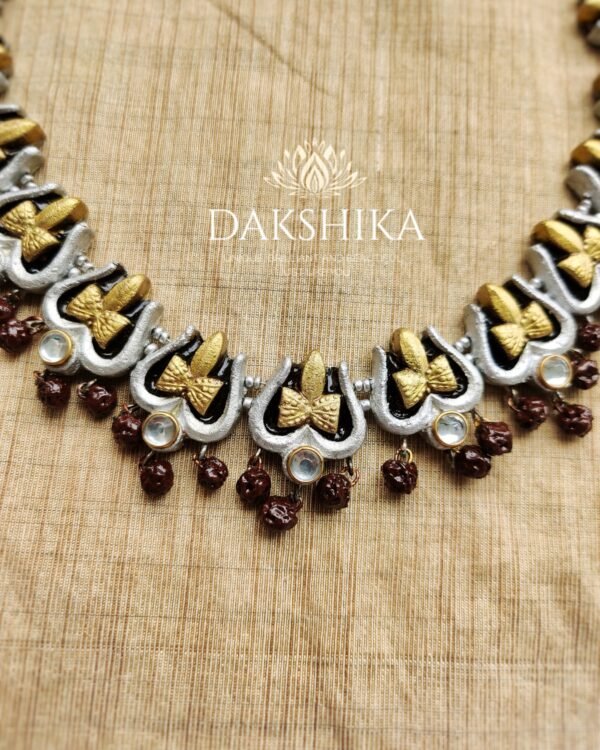 Thrissul-Short Necklace with Big Size Jhumka (Golden With Silver &Brown) - Image 3