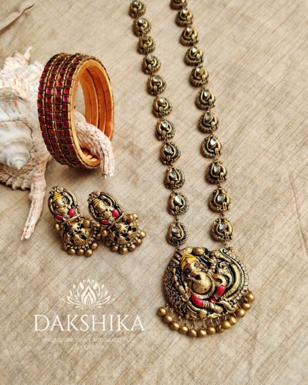Terracotta- Necklace With Jhumka & Bangles (Golden With Red )