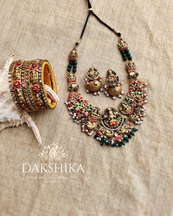 Terracotta- Necklace With Jhumka & Bangles (Golden With Green & Red  )