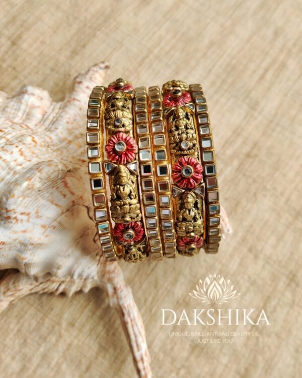 Terracotta- Necklace With Jhumka & Bangles (Golden With Green & Red  ) - Image 3