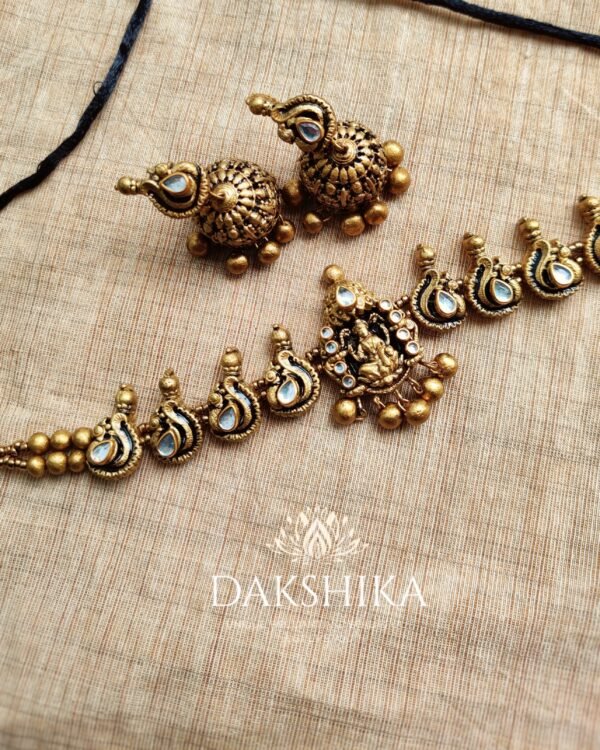 Terracotta-Choker Necklace with Big Size Jhumka (Golden With Black Detailing )