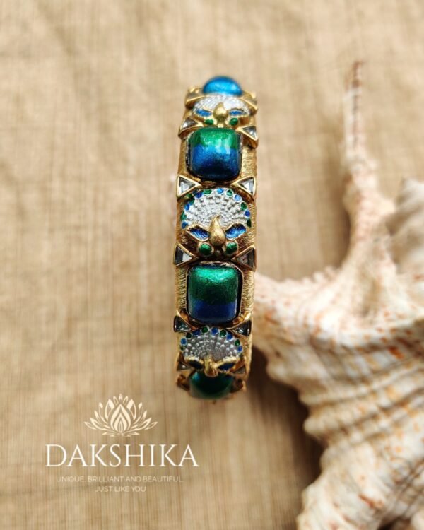 Terracotta- Necklace With Jhumka & Bangles (Golden With Peacock Blue & Green) - Image 3
