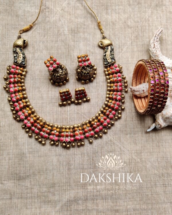 Terracotta- Necklace With Jhumka Stud & Bangles (Golden With Red & Yellow)