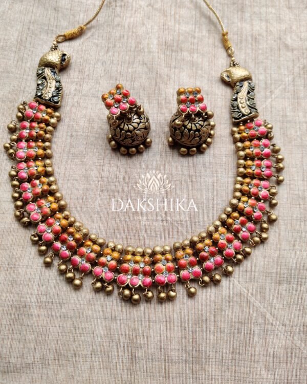 Terracotta- Necklace With Jhumka Stud & Bangles (Golden With Red & Yellow) - Image 3