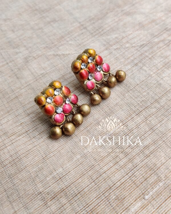 Terracotta- Medium Size Earrings ( Golden with Pink & Yellow)
