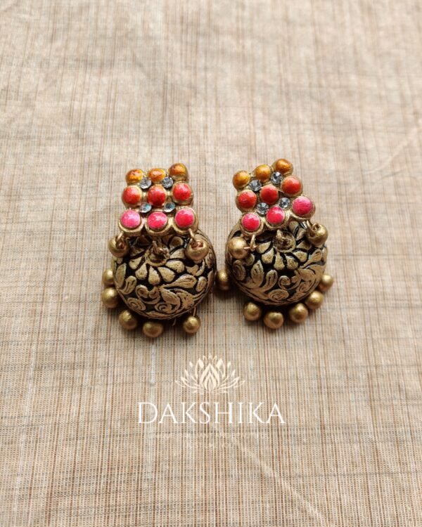 Terracotta- Medium Size Jhumka ( Golden with  Yellow & Red)