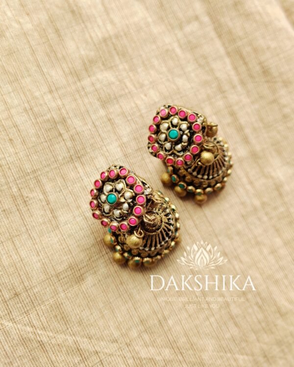 Terracotta- Medium Size Jhumka ( Golden with  Red & Green)