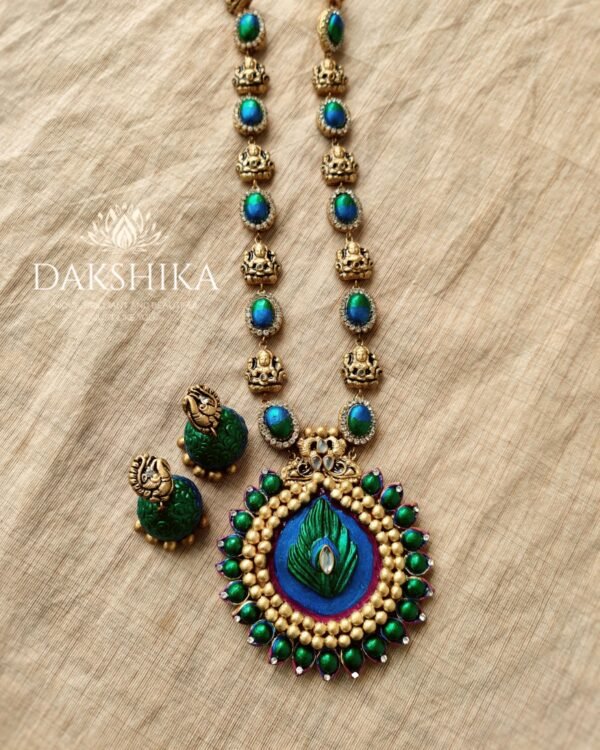 Peacock-Long Necklace with Big Size Jhumka (Golden With Peacock Green)