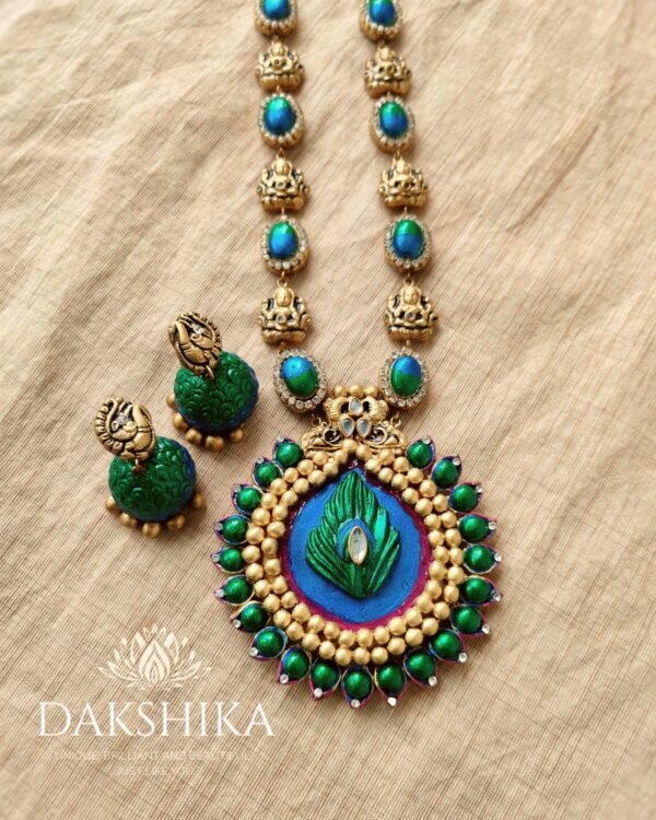 Peacock-Long Necklace with Big Size Jhumka (Golden With Peacock Green) - Image 2