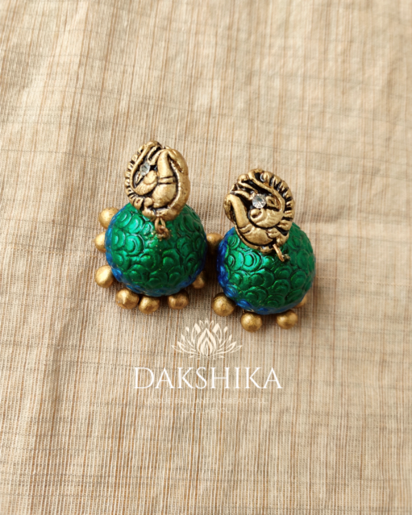 Peacock-Long Necklace with Big Size Jhumka (Golden With Peacock Green) - Image 4
