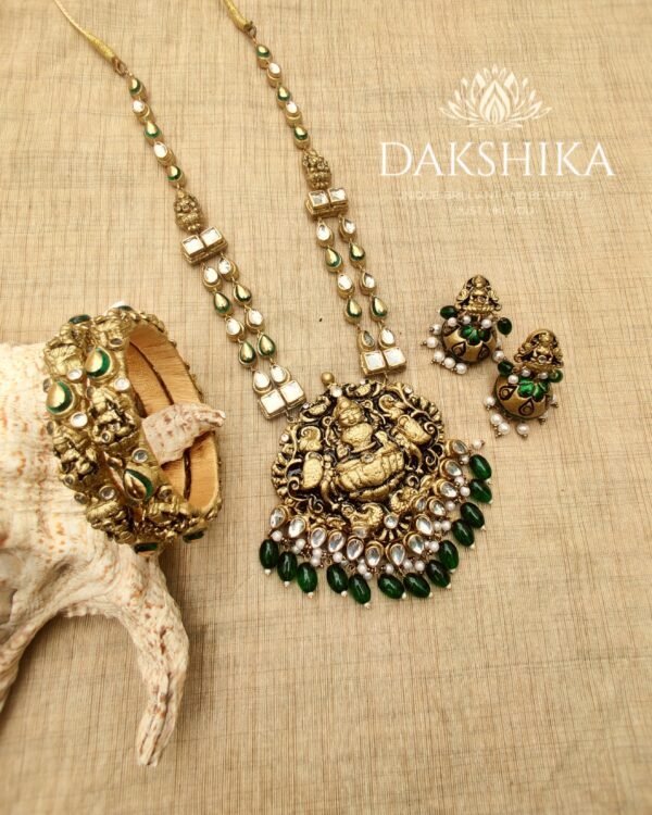 Terracotta- Necklace With Jhumka & Bangles (Golden With Green ) - Image 2