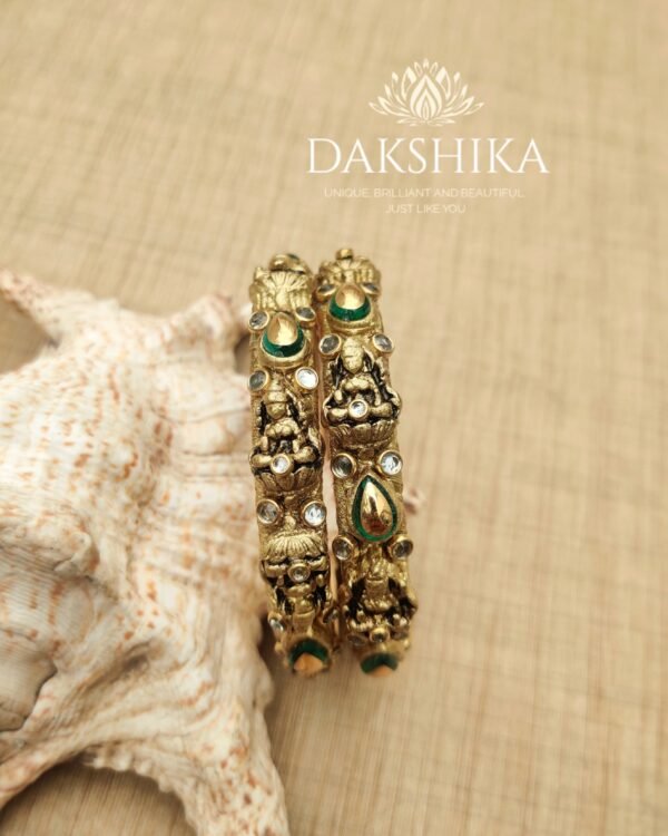 Terracotta- Necklace With Jhumka & Bangles (Golden With Green ) - Image 3