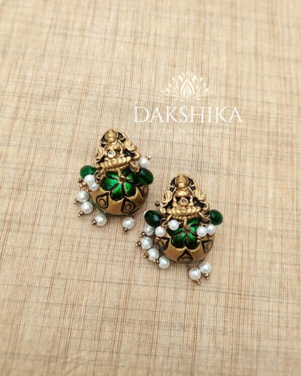 Terracotta- Necklace With Jhumka & Bangles (Golden With Green ) - Image 4