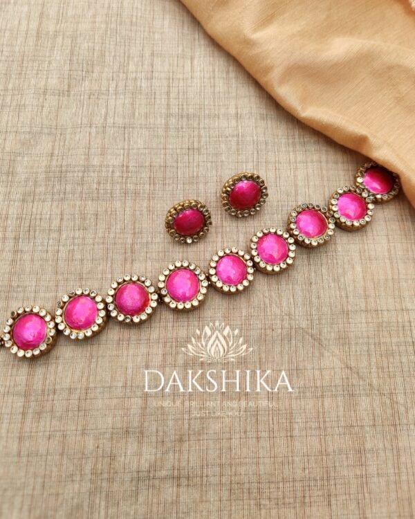 Terracotta-Choker Necklace with Big Size Stud (Golden With Pink)