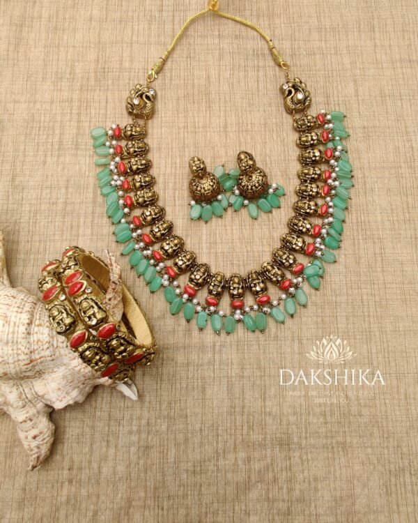Terracotta- Necklace With Jhumka & Bangles (Golden With Tea Green & Red )
