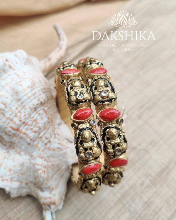 Terracotta- Necklace With Jhumka & Bangles (Golden With Tea Green & Red ) - Image 4