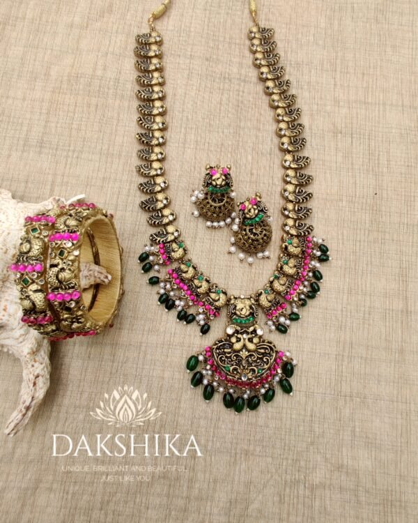 Terracotta- Necklace With Jhumka & Bangles (Golden With Green & Pink )
