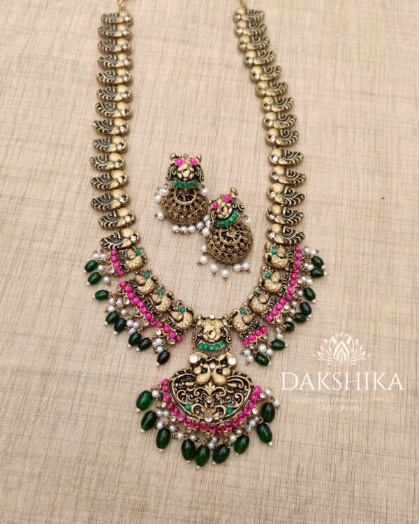 Terracotta- Necklace With Jhumka & Bangles (Golden With Green & Pink ) - Image 2