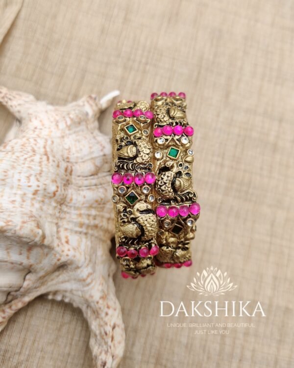 Terracotta- Necklace With Jhumka & Bangles (Golden With Green & Pink ) - Image 3