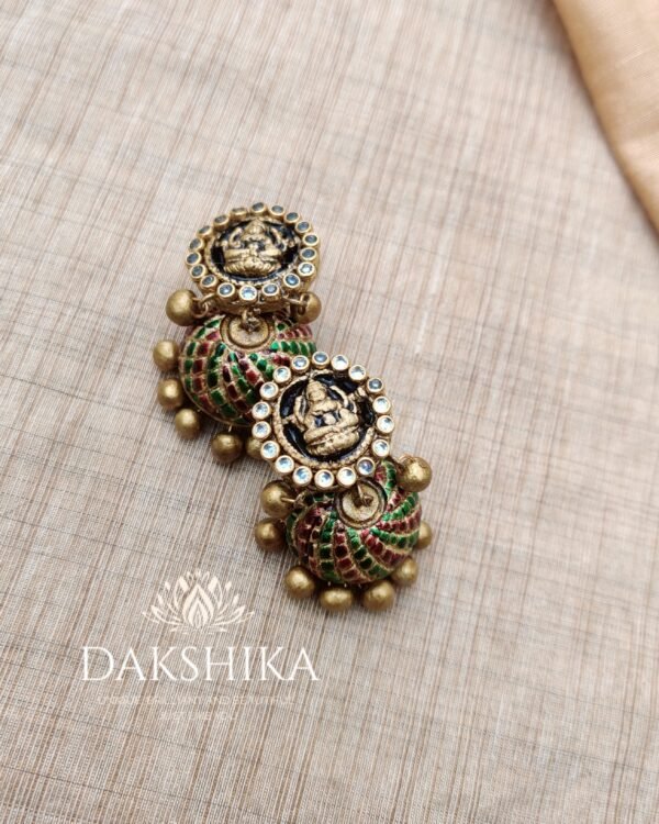 Terracotta- Medium Size Jhumka ( Golden with  Red & Green)