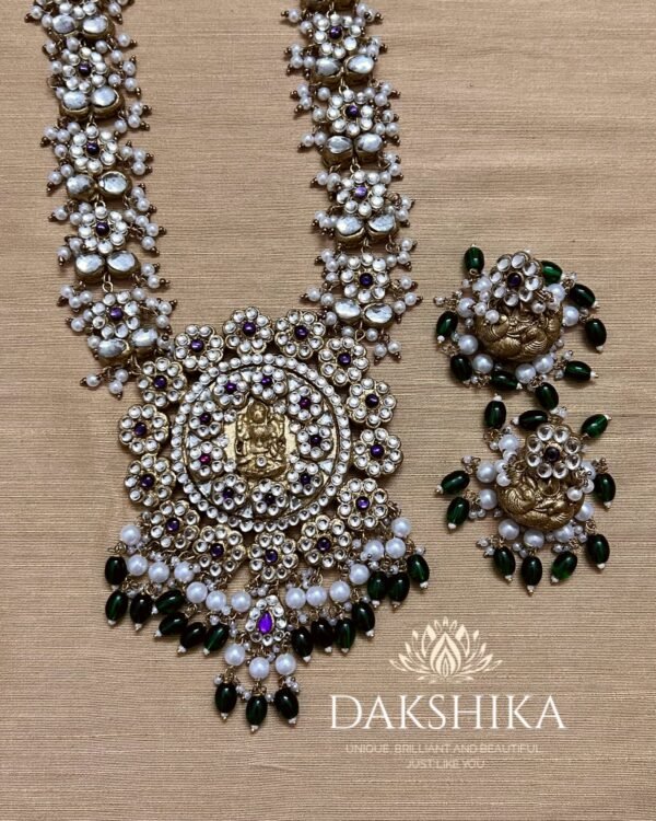 Pushpa-Long Necklace with Big Size Jhumka (Golden With White) - Image 3