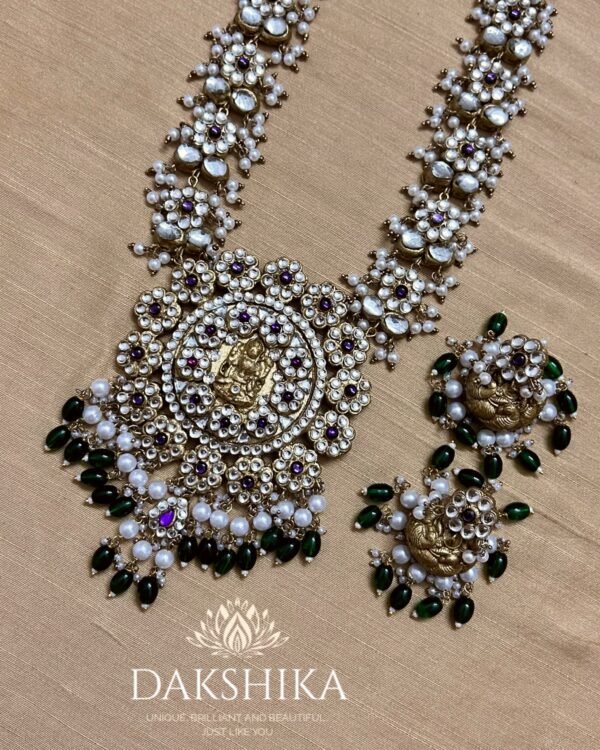 Pushpa-Long Necklace with Big Size Jhumka (Golden With White) - Image 2