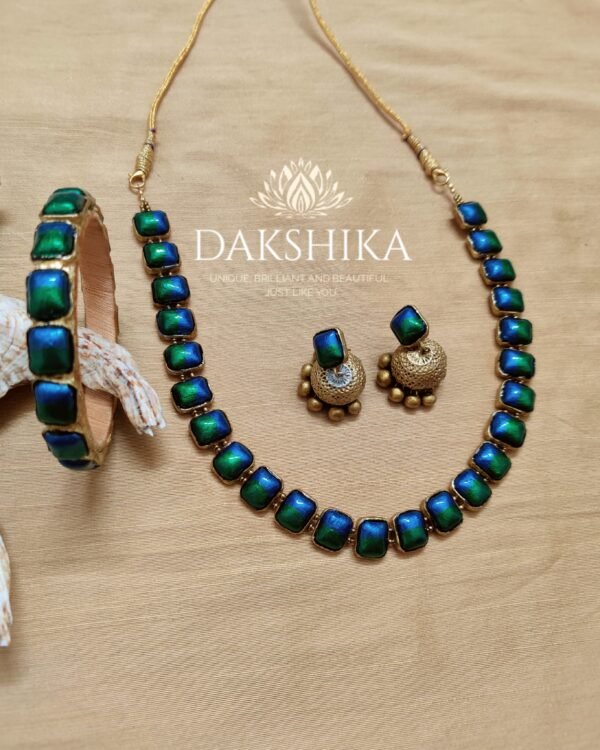 Terracotta- Necklace With Jhumka & Bangles (Golden With Peacock Blue & Green )