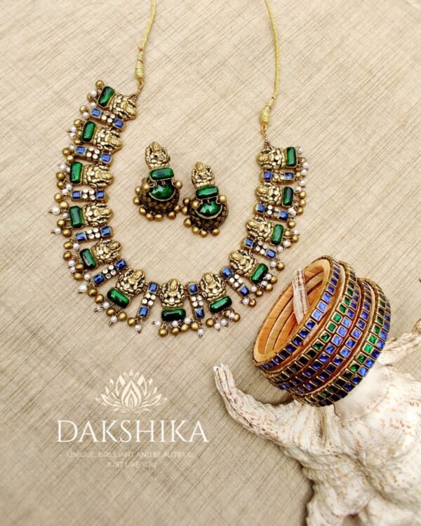Terracotta- Necklace With Jhumka & Bangles (Golden With Green & Blue )