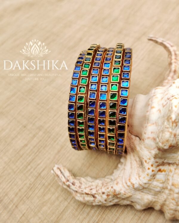 Terracotta- Necklace With Jhumka & Bangles (Golden With Green & Blue ) - Image 4
