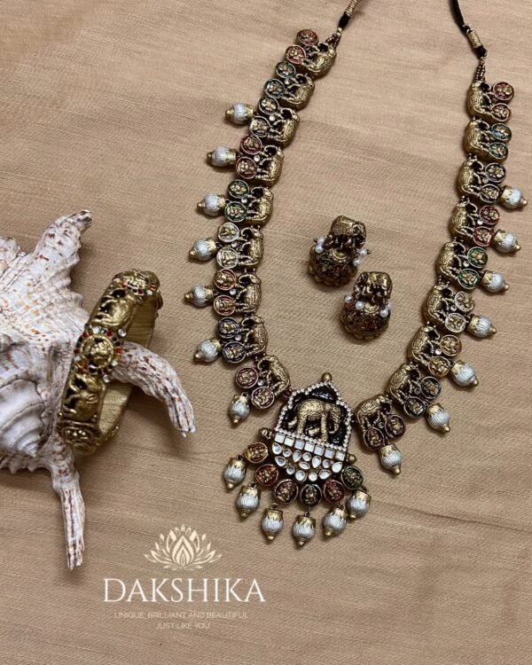 Terracotta- Necklace With Jhumka & Bangles (Golden With Pearl White )