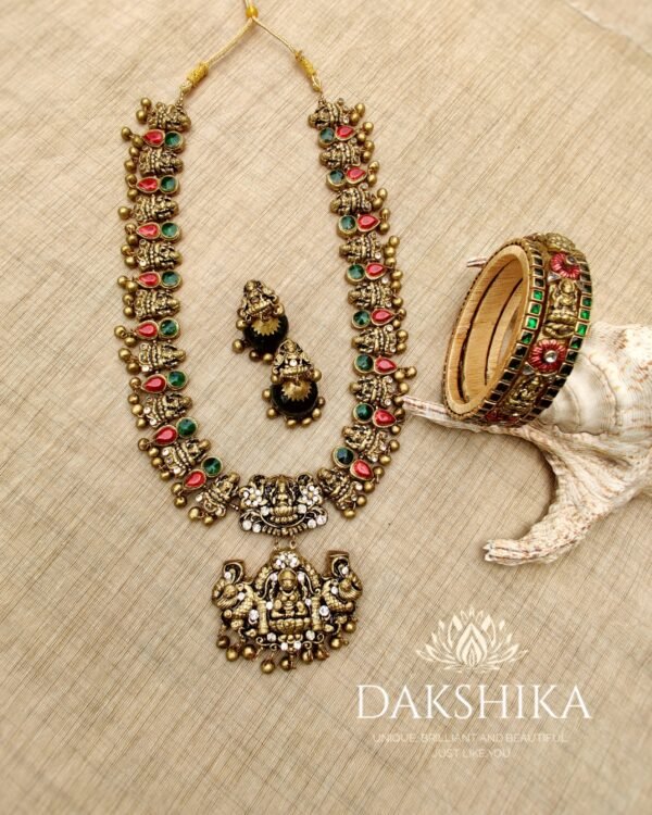 Terracotta- Necklace With Jhumka & Bangles (Golden With Green & Red )