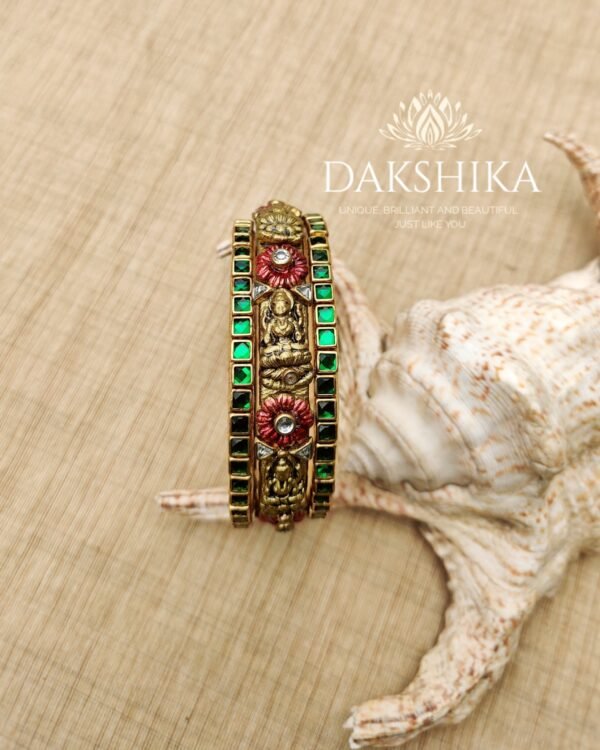 Terracotta- Necklace With Jhumka & Bangles (Golden With Green & Red ) - Image 4