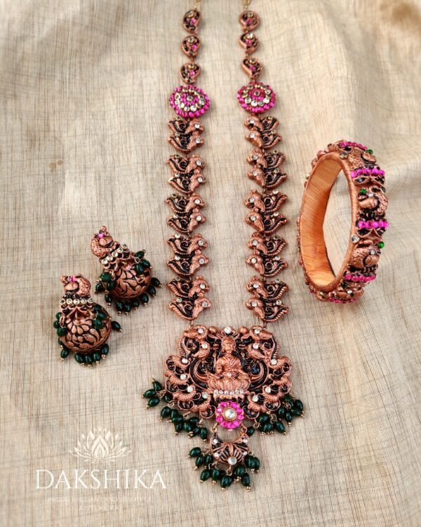 Terracotta- Necklace With Jhumka & Bangles (Copper With Green & Pink )
