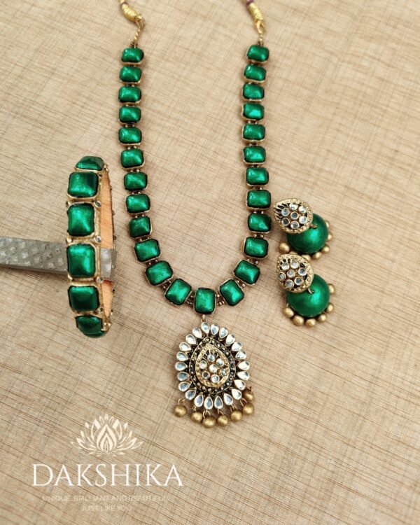 Terracotta- Necklace With Jhumka & Bangles (Golden With Green )