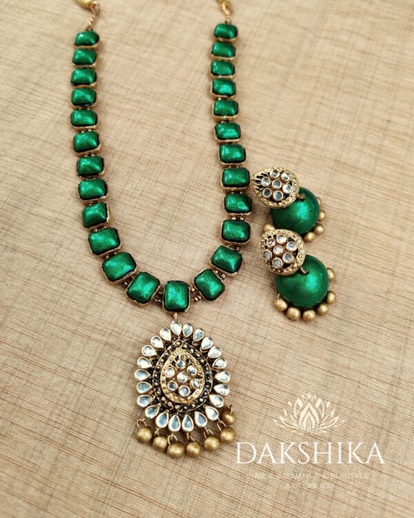 Terracotta- Necklace With Jhumka & Bangles (Golden With Green ) - Image 2