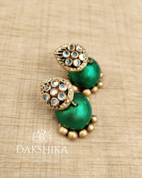 Terracotta- Mid Length Necklace with Big Size Jhumka ( Golden with Green) - Image 3